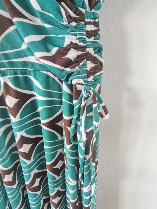 GBY Wrap Dress Size 14 Green Brown Geometric Stretch Faux Wrap USA Made - Picture 8 of 11